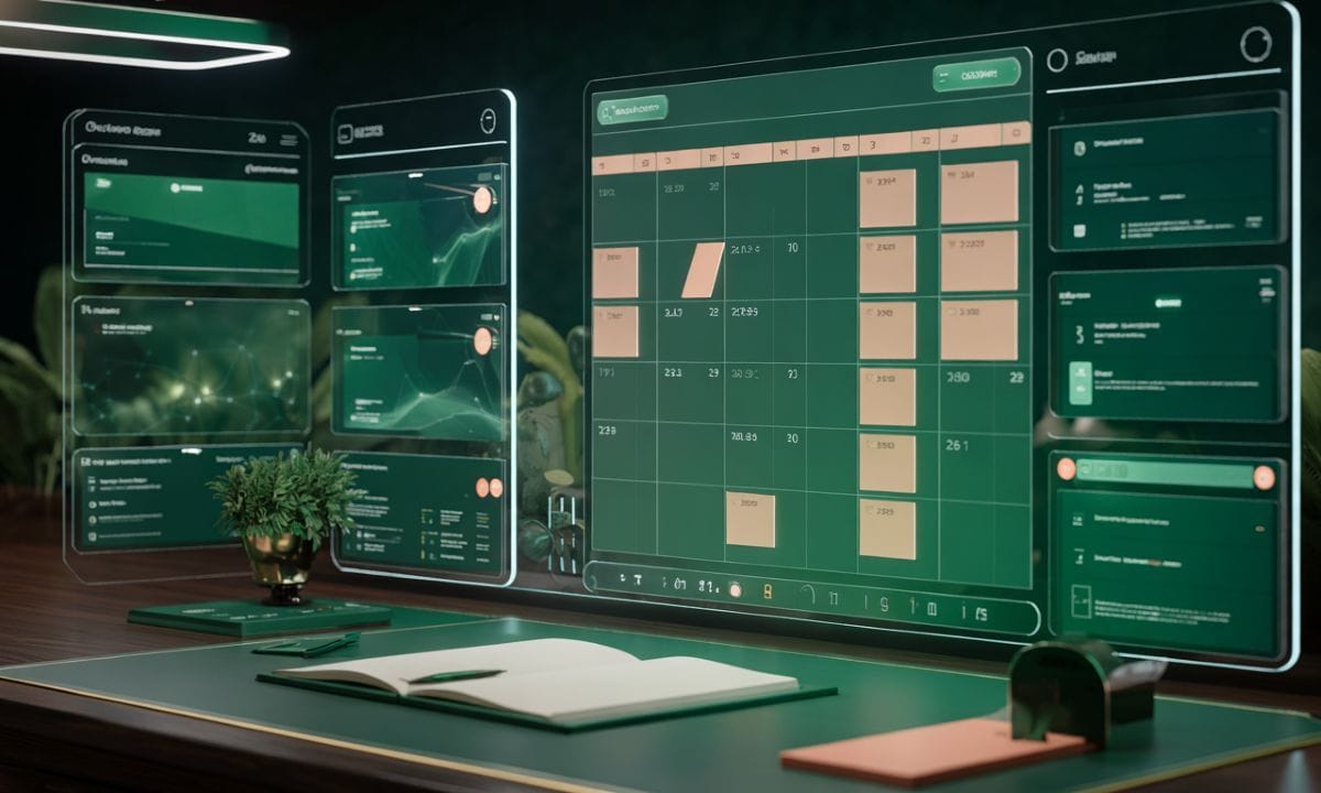 Futuristic digital workspace featuring transparent holographic screens displaying data analytics, schedules, and charts in green and peach tones, with an open notebook, pen, and small plant on a sleek desk, representing innovation, organization, and design technology promoted by Biodesign Academy.