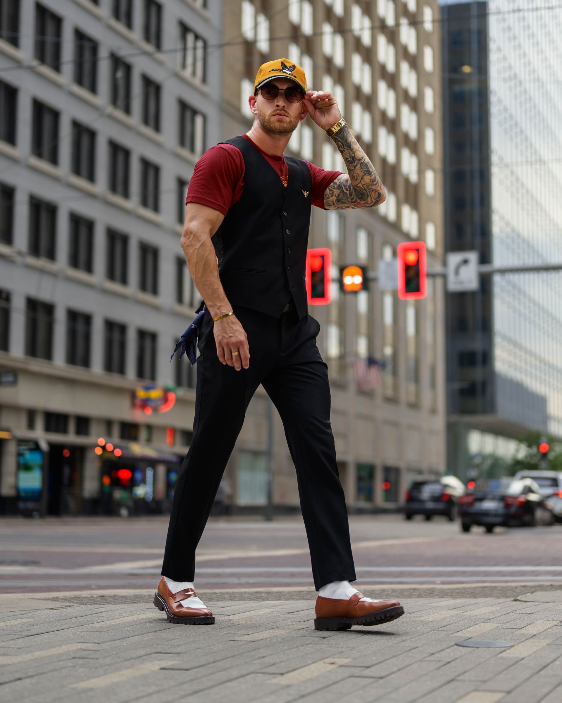 Southern Gents Black Single breasted vest and brown + white lug sole penny loafers
