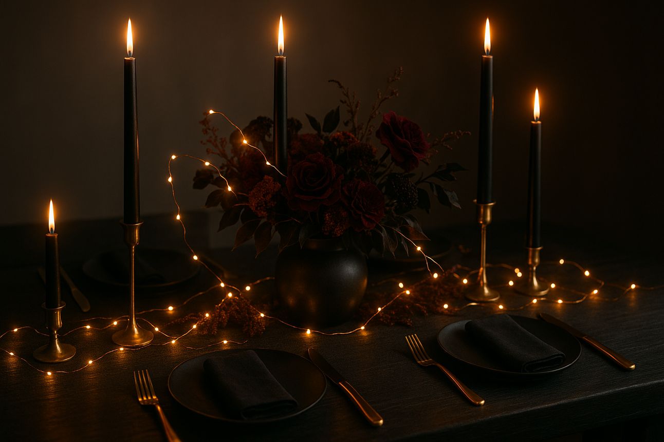 Halloween table decorated with black taper candles in gold holders, a moody centerpiece, and warm string lights draped across the arrangement, creating a cozy and elegant glow.