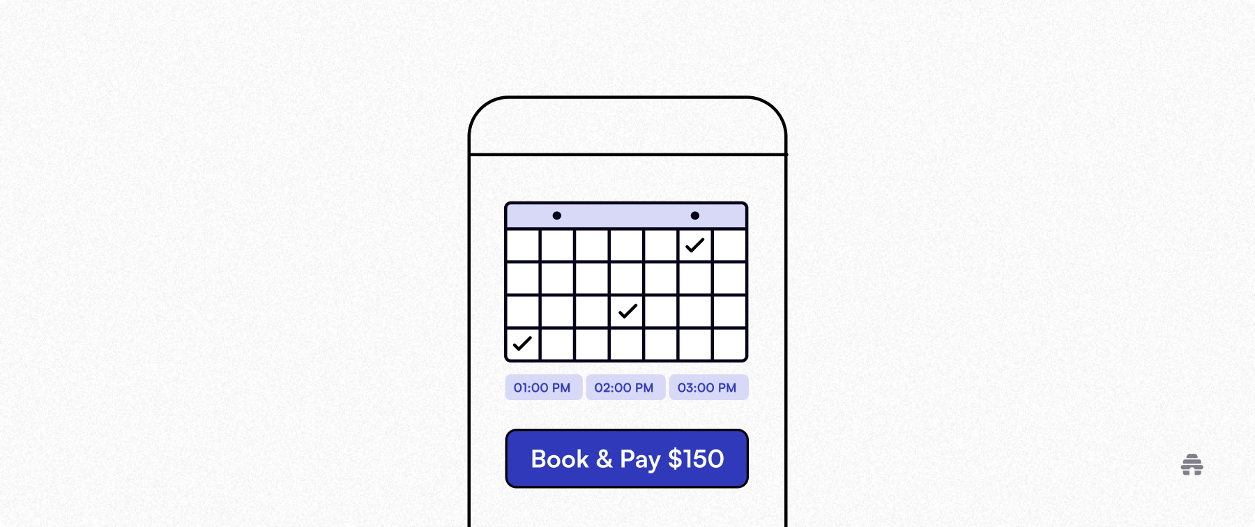 Mobile booking interface showing a scheduling calendar, appointment times, and a “Book & Pay $150” button, representing creator commerce tools for paid services and online bookings.