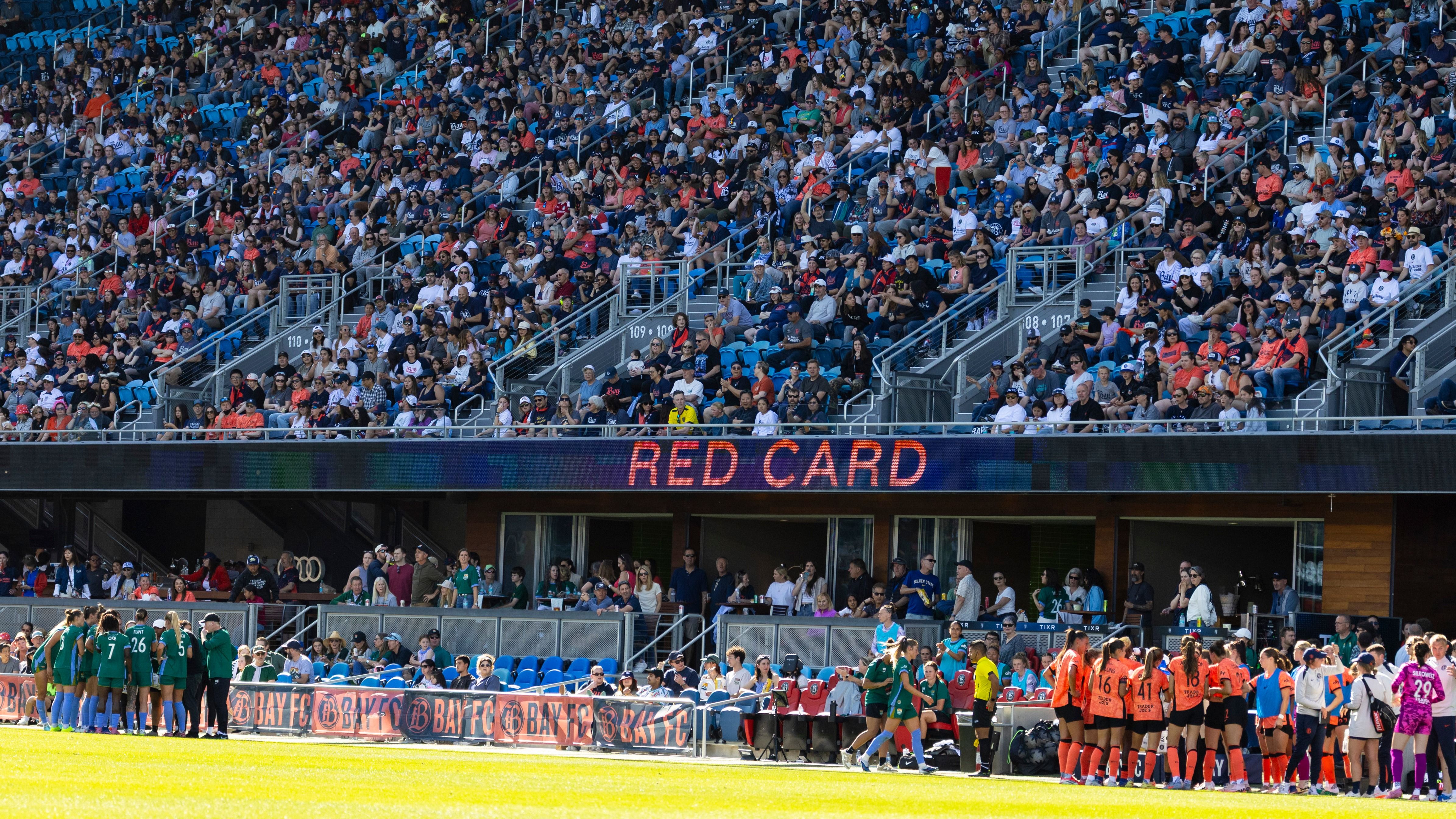 Red card issued to defender Janine Sonis #6 of Denver Summit FC in the first half during a game between Bay FC and Denver Summit FC at PayPal Park on March 14, 2026 in San Jose, California.