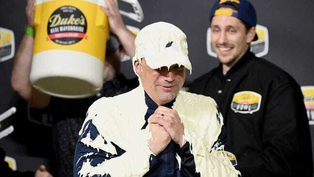 WATCH: West Virginia head football coach celebrates bowl win with a mayo bath