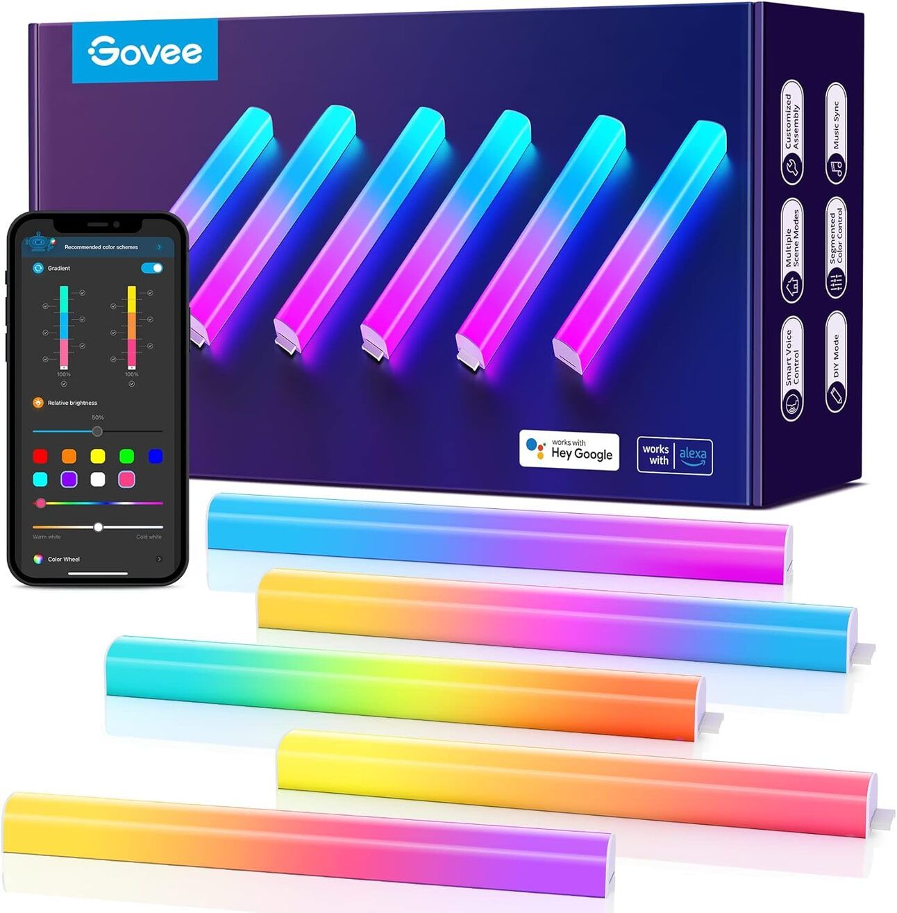 Govee Glide Wall Light – Custom Colorflow for Streamers Modular LED light bars arranged vertically behind a gaming monitor, glowing in vibrant, customizable colors controlled by an app.