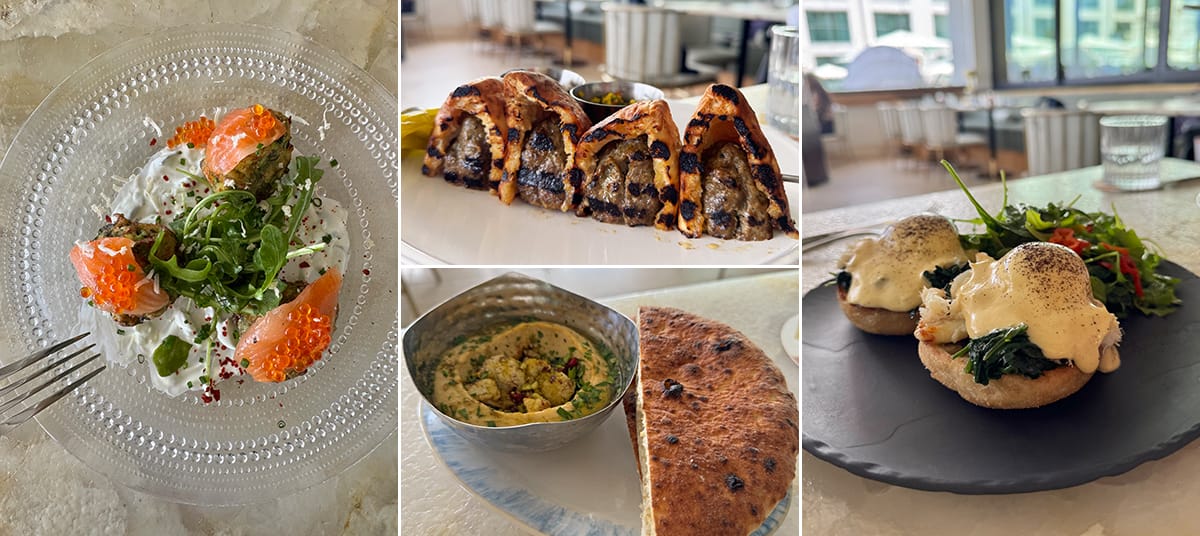 dishes at Orla by Michael Mina in Santa Monica, including labneh with salmon and roe, grilled lamb kebabs, hummus with flatbread, and crab eggs Benedict with arugula salad