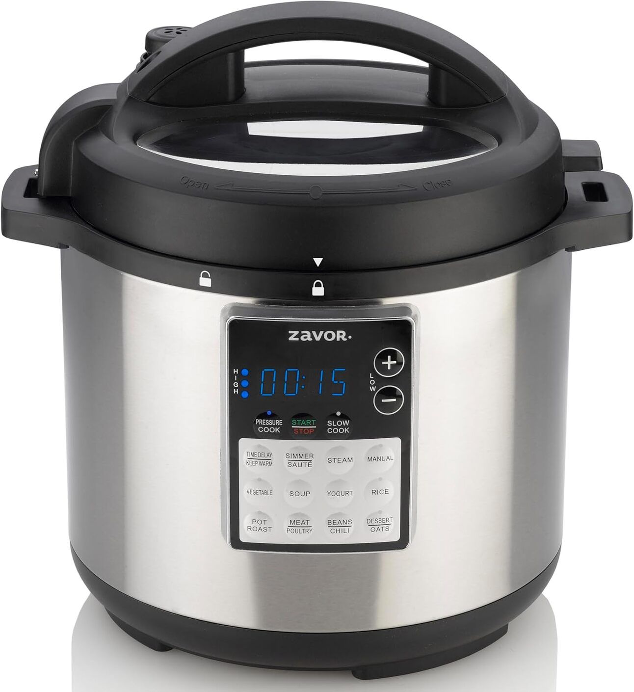 Zavor LUX Edge Multicooker – A stylish black multicooker with digital touch screen, featured in a minimalist white kitchen. Surrounded by small bowls of ingredients, showcasing versatility and elegance.