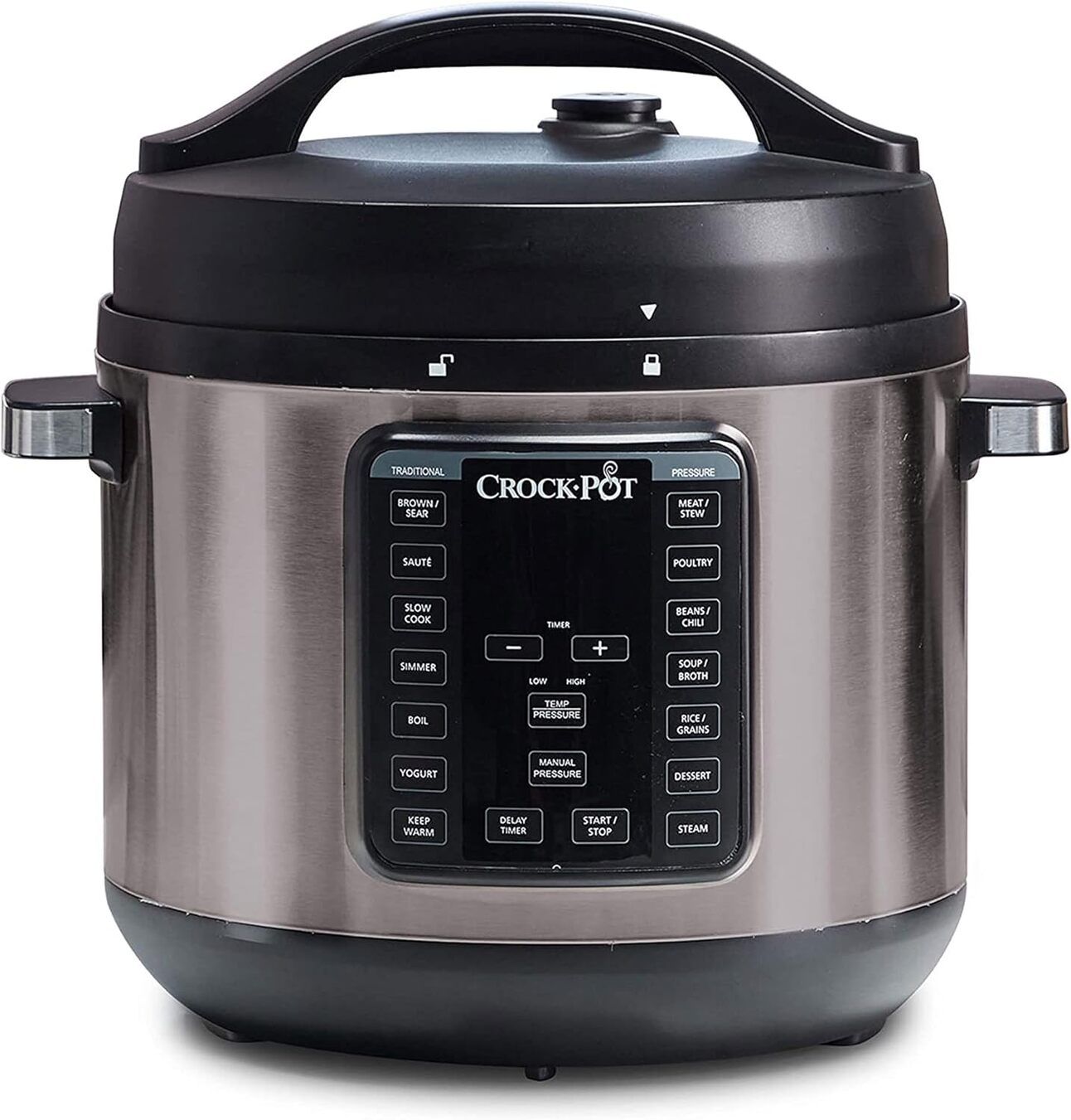 Crock-Pot Express 8-Quart Pressure Cooker – A spacious digital pressure cooker in brushed stainless steel finish, placed next to a bowl of chili and a ladle. Simple button interface visible.