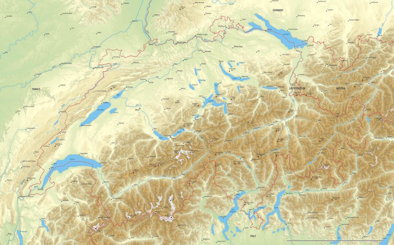 Map of Switzerland with 3D-like mountains.