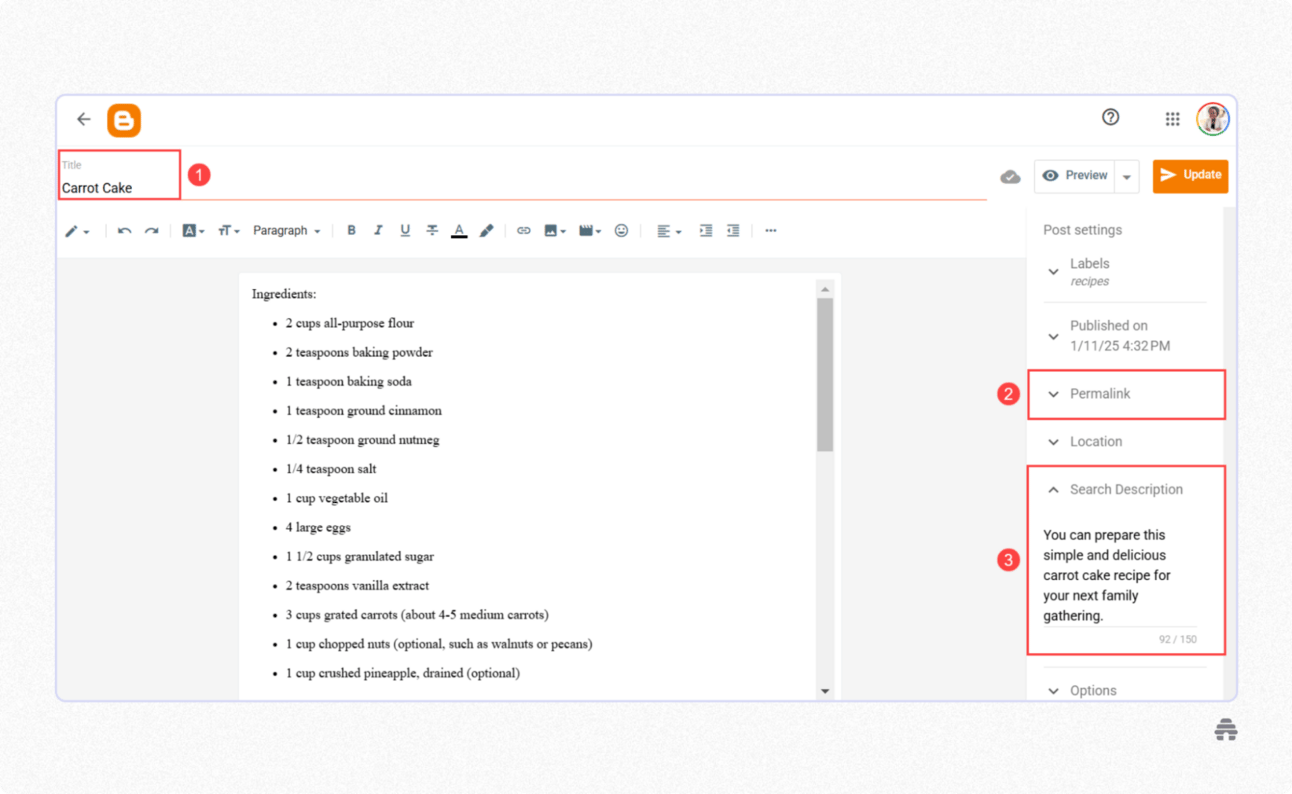 Blogger post editor showing a blog draft titled “Carrot Cake” with permalink and search description settings highlighted for SEO. Illustrates how creators optimize blog posts in Blogger by editing titles, URLs, and meta descriptions before publishing.