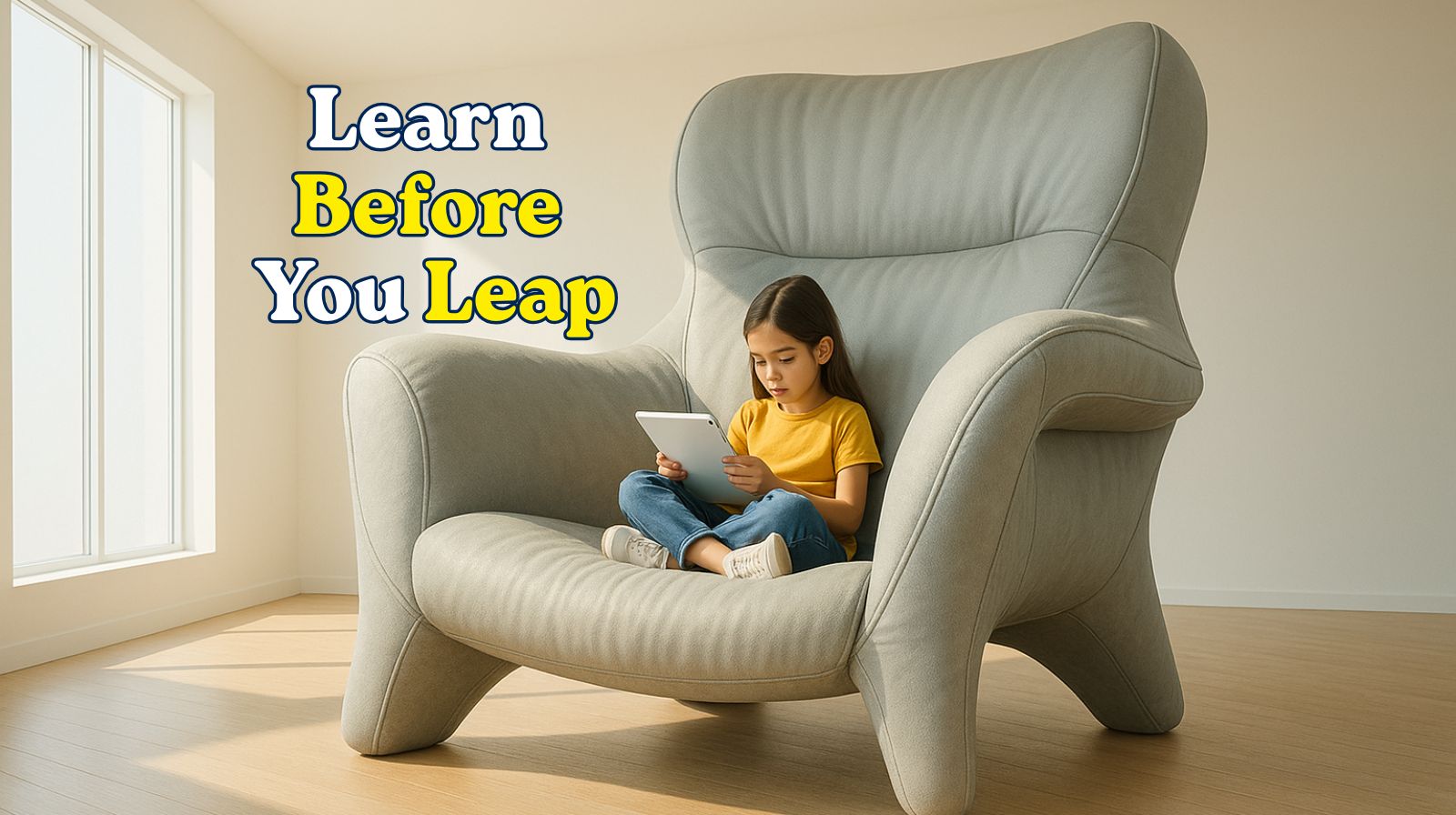 A young child sits calmly in an oversized modern chair, reading a tablet in a bright minimalist room. The scene symbolises patience, learning, and measured decision-making — the foundation of intelligent investing.