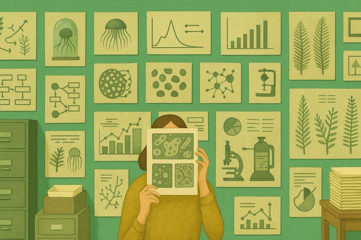 Illustration of a researcher holding a sheet of microscope images in front of their face, surrounded by a wall covered with scientific charts, graphs, molecular diagrams, plant illustrations, and microscopy visuals, representing interdisciplinary research and data analysis at Biodesign Academy.