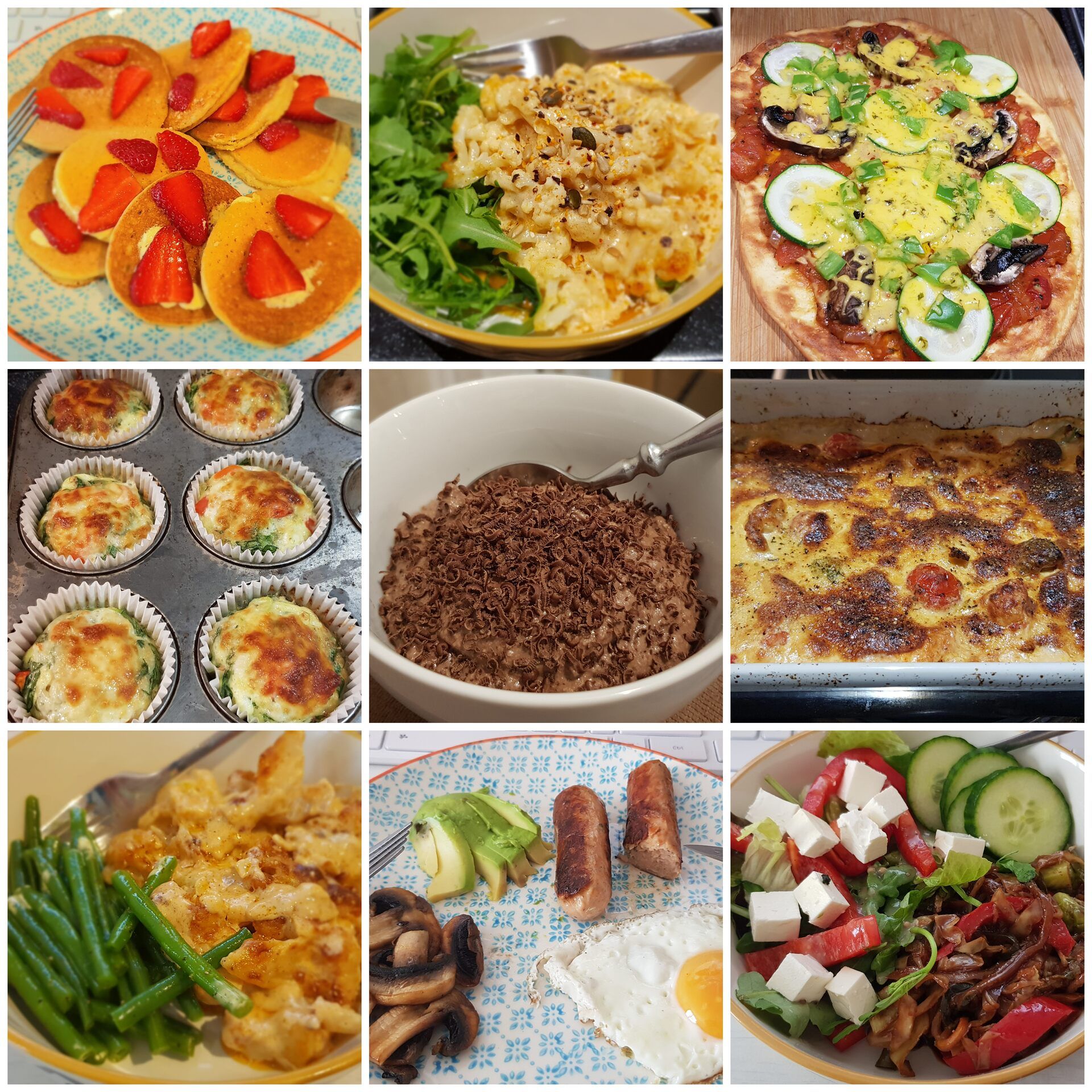 A gallery of nine images in a square. They're all vegetarian - stri fries, cauliflower cheese, egg muffins, fat head pizza, salads, a fry up - and all keto.