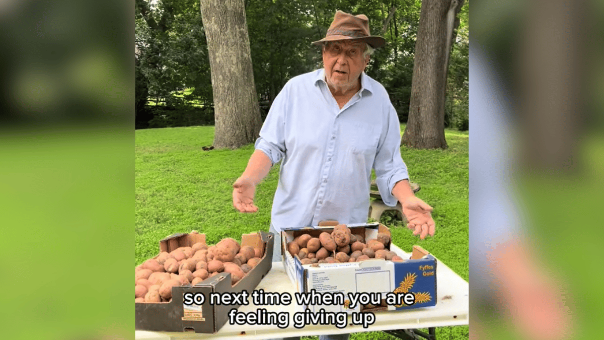 A farmer stands in front of a table holding potatoes.