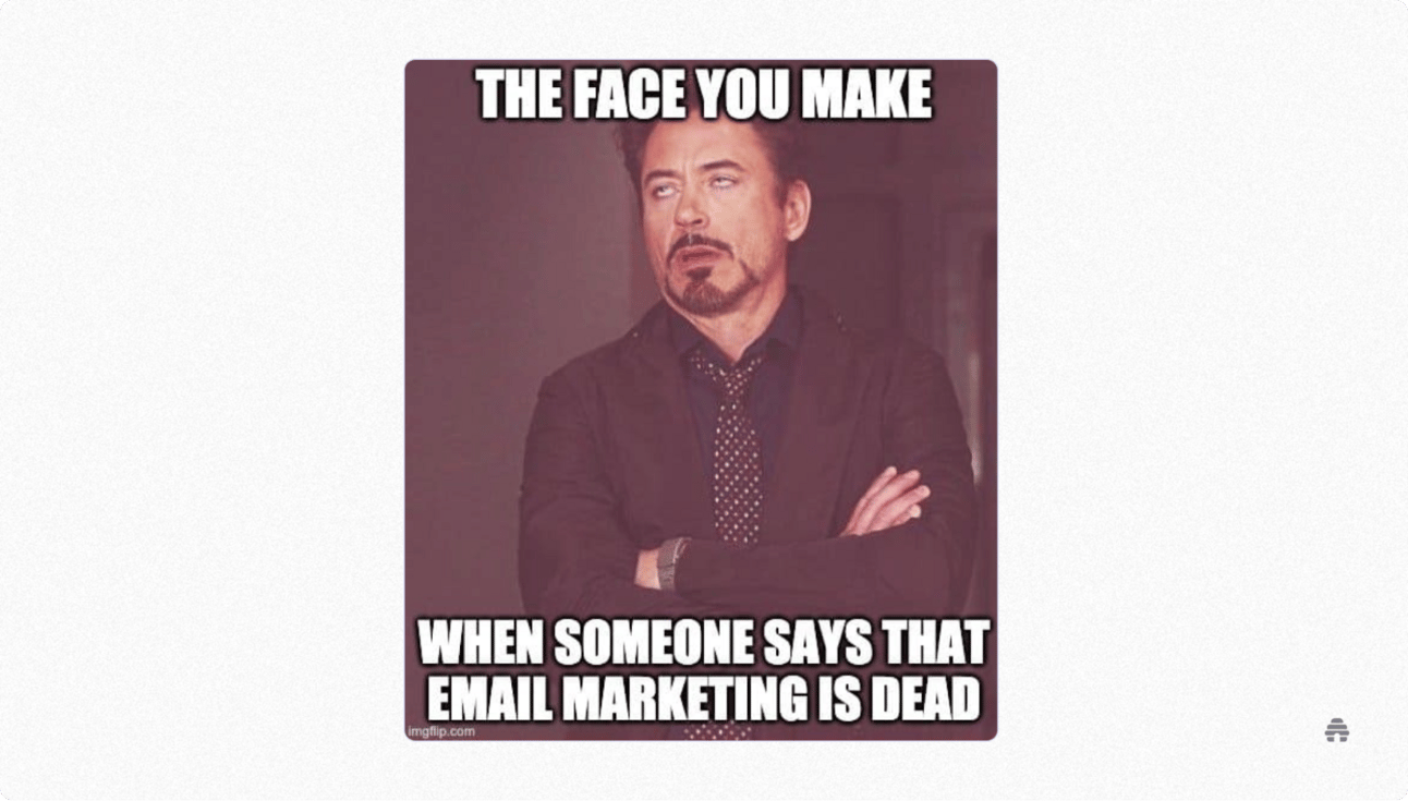 Meme of a person rolling their eyes with arms crossed and the caption “The face you make when someone says email marketing is dead,” highlighting skepticism about claims that email or newsletters are no longer effective.