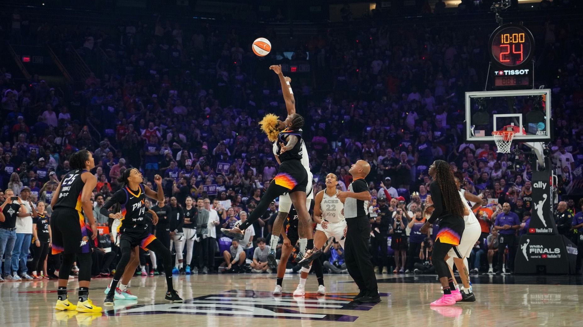A general view of the opening tip between the Phoenix Mercury and the Las Vegas Aces during the first half of game four of the 2025 WNBA Finals at Mortgage Matchup Center. 