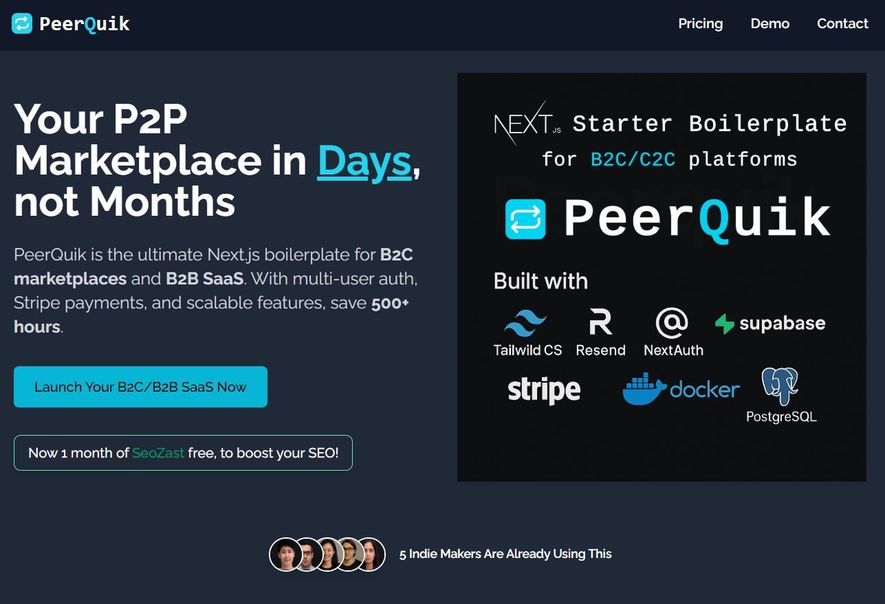 PeerQuik Next.js starter boilerplate landing page for P2P B2C and B2B SaaS marketplaces.