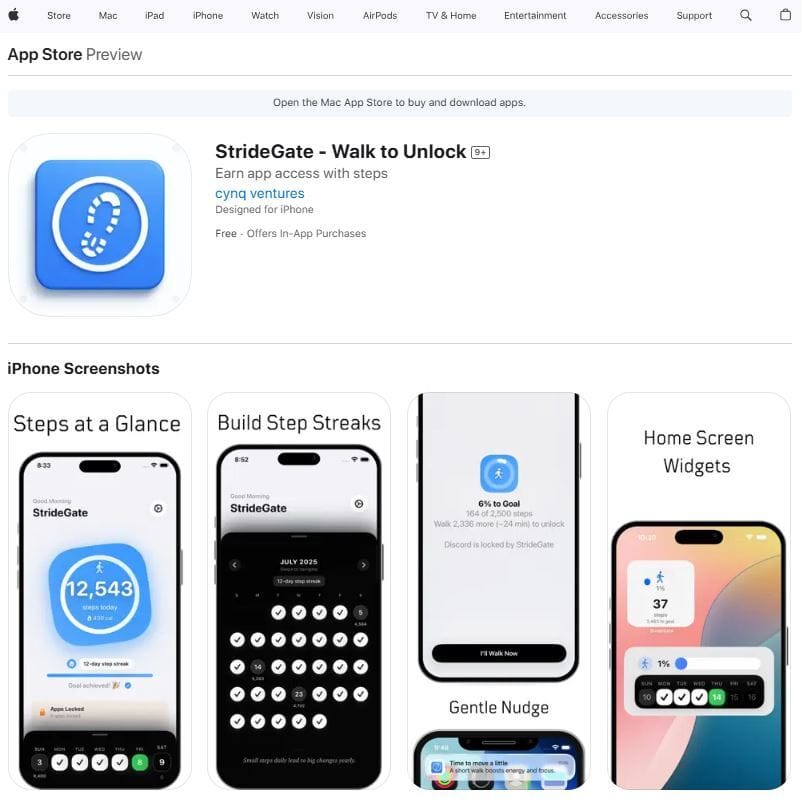 An App Store preview for "StrideGate - Walk to Unlock," a free iPhone app by cynq ventures with in-app purchases. Screenshots display step tracking, streak building, gentle nudge reminders, and home screen widgets, featuring a clean interface with step counts and goals.
