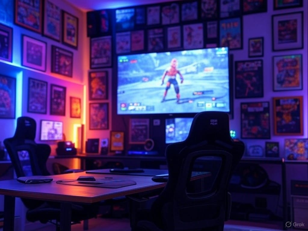 A stylishly decorated gaming space bathed in dynamic blue and pink ambient lighting, creating a vibrant atmosphere. A large screen TV showcases a vivid game scene with a character in action, mounted above a desk with gaming setups. The walls are covered with colorful gaming posters and unique wall art, adding personality, while personalized desk accessories like a gaming chair and tech gadgets enhance the space. The scene emphasizes aesthetics and the excitement of gaming, with a shallow depth of field and photorealistic textures. Explain lighting effects Gaming room design Make Version 1 shorter