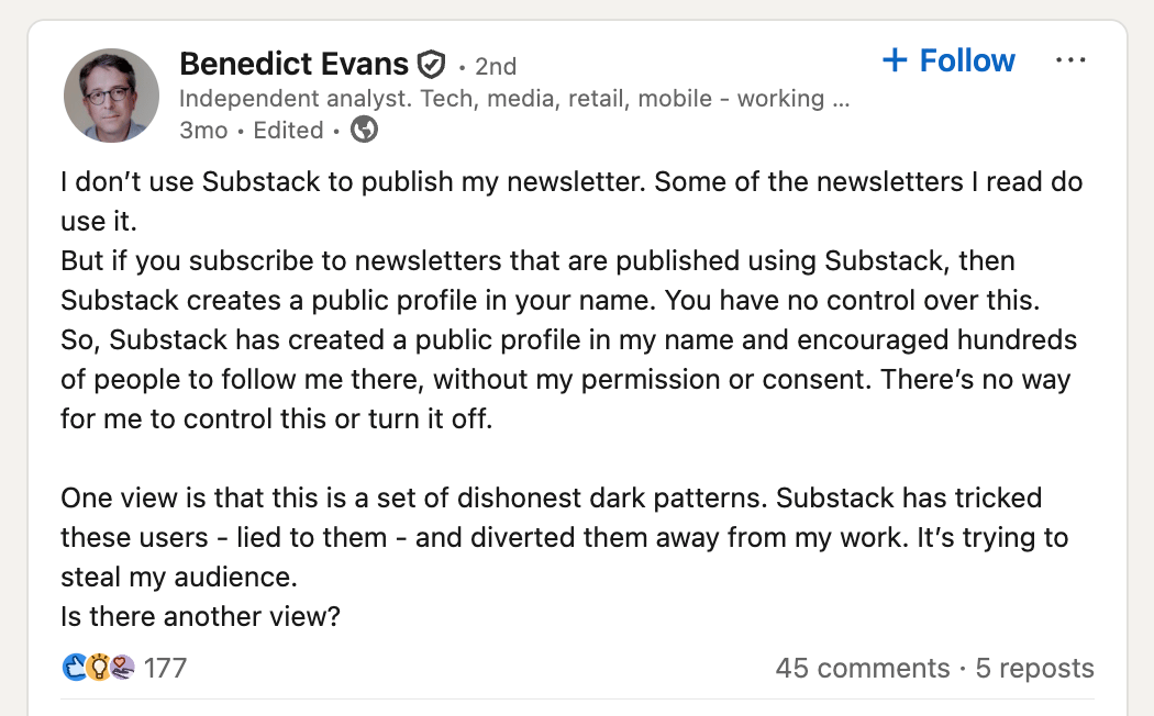 LinkedIn post from venture capitalist Benedict Evans