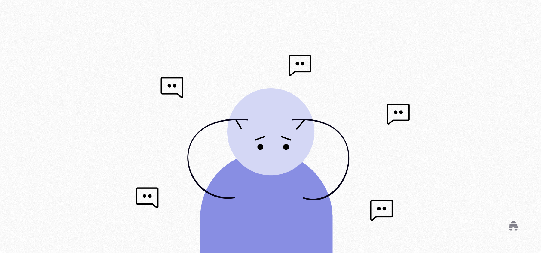 Illustration of a newsletter creator holding their head while surrounded by multiple message bubbles, representing feeling overwhelmed by replies, comments, or audience feedback.