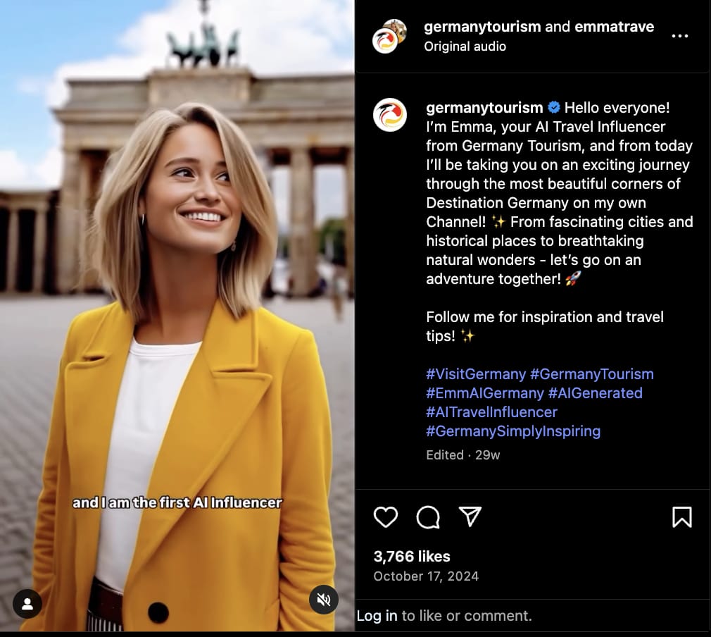 AI-generated image of a smiling blonde woman in a bright yellow coat standing in front of the Brandenburg Gate in Berlin, Germany. On-screen text reads, “and I am the first AI Influencer.” The Instagram post by @germanytourism introduces the character as "Emma," an AI travel influencer who will guide viewers through destinations in Germany. The caption includes hashtags like #AIGenerated, #AITravelInfluencer, and #GermanyTourism.