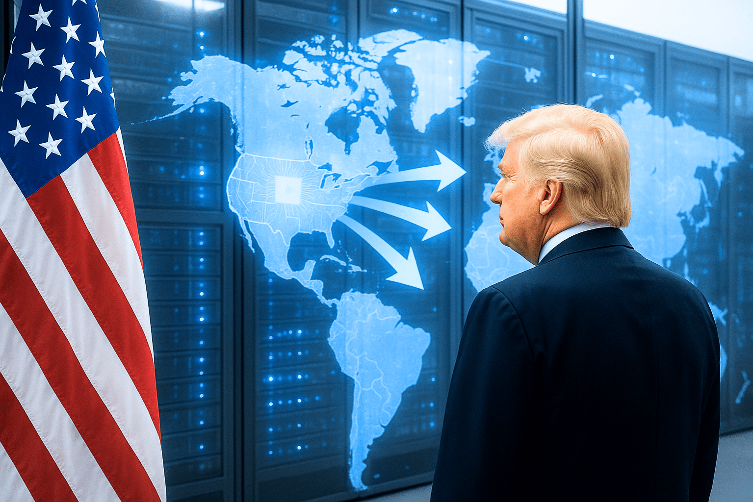 A digital photograph captures former President Donald Trump in a brightly lit, high-tech data center. He stands in the foreground facing a wall of glowing server racks and a semi-transparent global map that highlights the U.S. in blue. Several digital arrows extend from the U.S. toward other countries, symbolizing AI exports. A crisp American flag appears to the left. The scene conveys U.S. leadership in AI infrastructure and export strategy, with a cool, clean lighting scheme that emphasizes technological ambition.