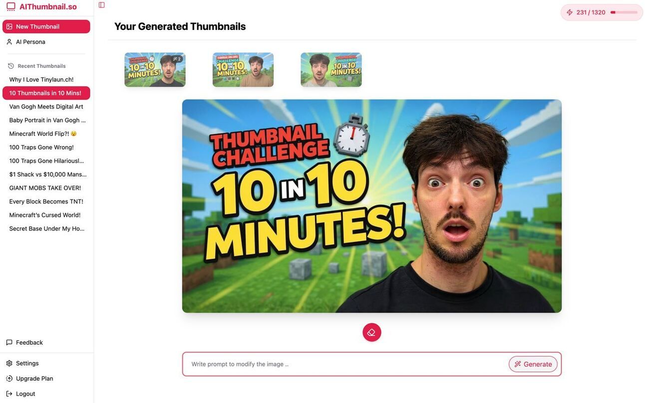AIThumbnail.so with "Your Generated Thumbnails" showing "10 in 10 Minutes!" Minecraft challenge image, 231/1320 credits, recent thumbnails list