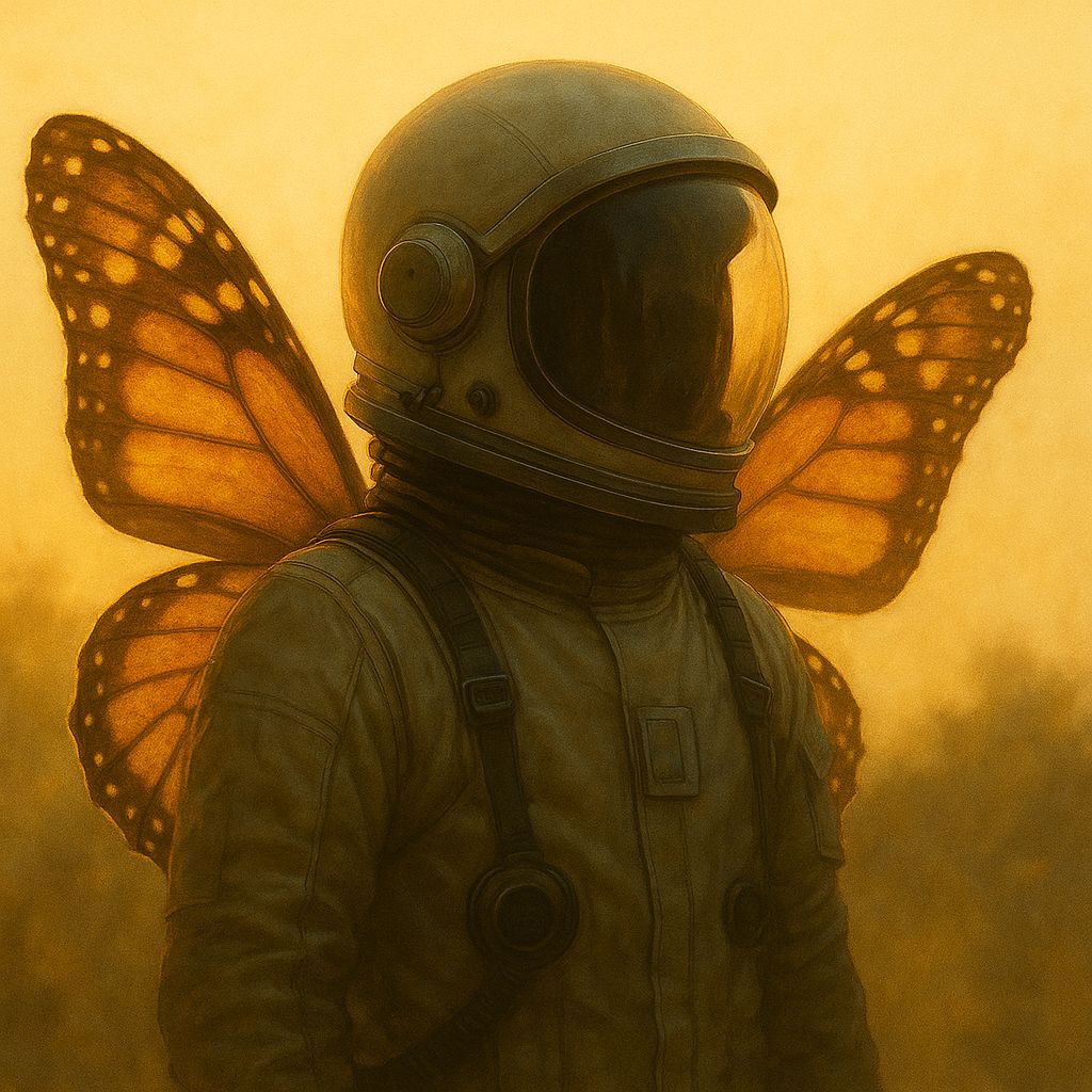 Cinematic portrait of an astronaut with butterfly wings, backlit, soft lighting, golden hour.
