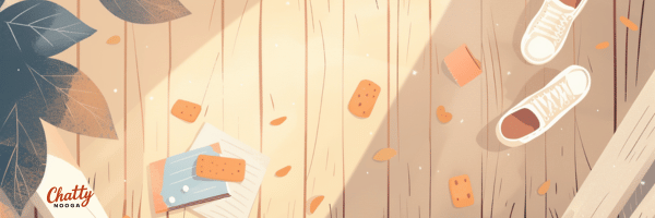 Warm-toned illustrated porch scene viewed from above, with two kid-sized sneakers standing near scattered peanut butter crackers, notebook pages, and fallen leaves. Sunlight filters through the trees, casting soft shadows on wooden floorboards. In the bottom-left corner, the Chattynooga logo is visible, evoking a quiet, reflective moment from “Deep Thoughts with Bubby.”