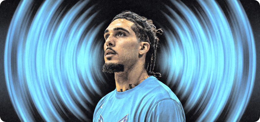 LiAngelo Ball in front of a trippy background