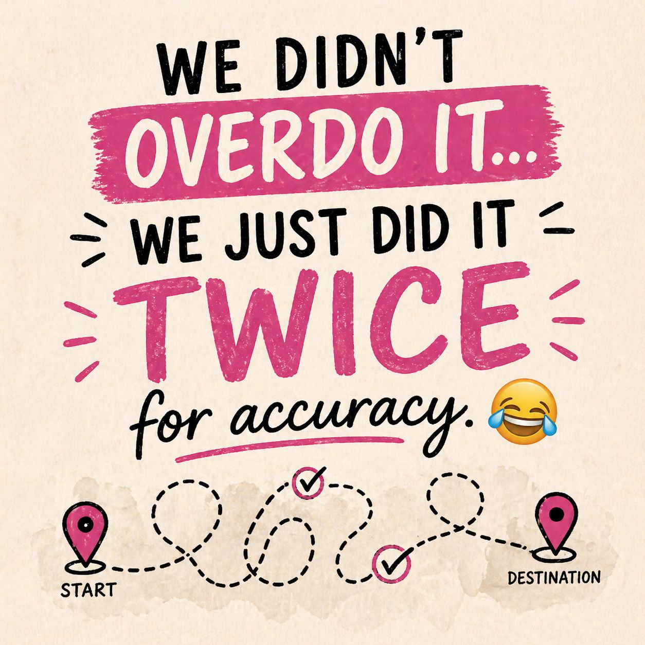 Minimalist square meme with text reading “We didn’t overdo it… we just did it twice for accuracy 😂” on a soft neutral background, with a playful dotted travel path from start to destination illustrated along the bottom.