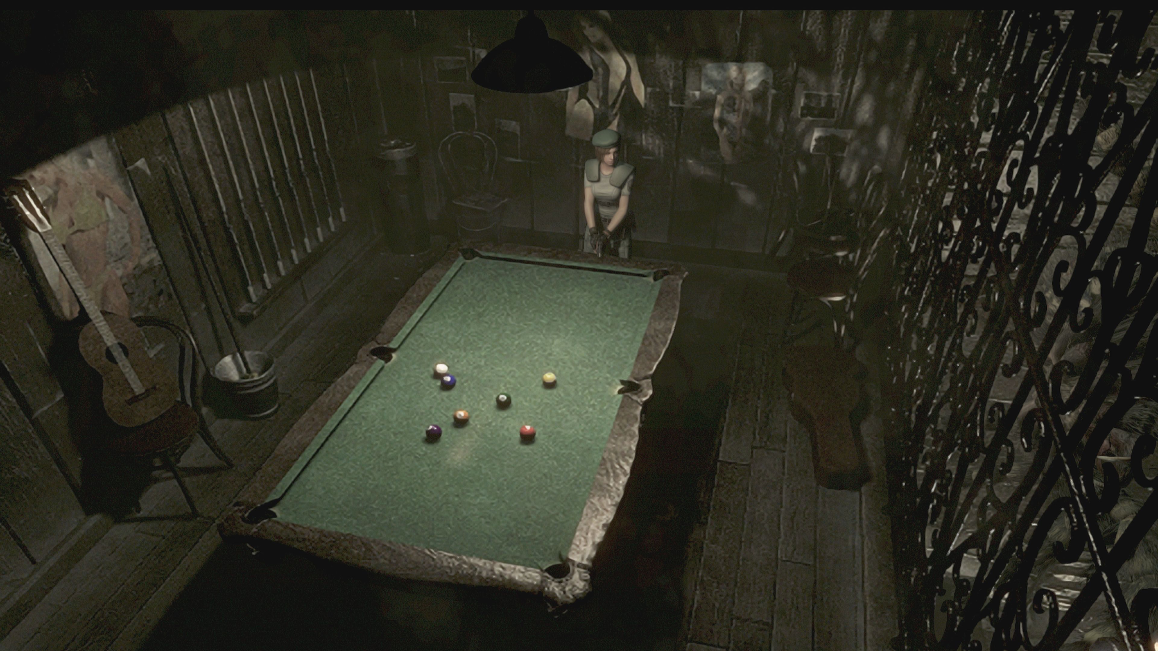 A screenshot of the room with a pool table, shown from a fixed camera angle from an angle up and at the opposite end of the room. Jill is on the other side of the table, and there are posters, a guitar, and loads of pool cues on the wall. And, while difficult to see, there is also a monstrous spider clinging to a wall.