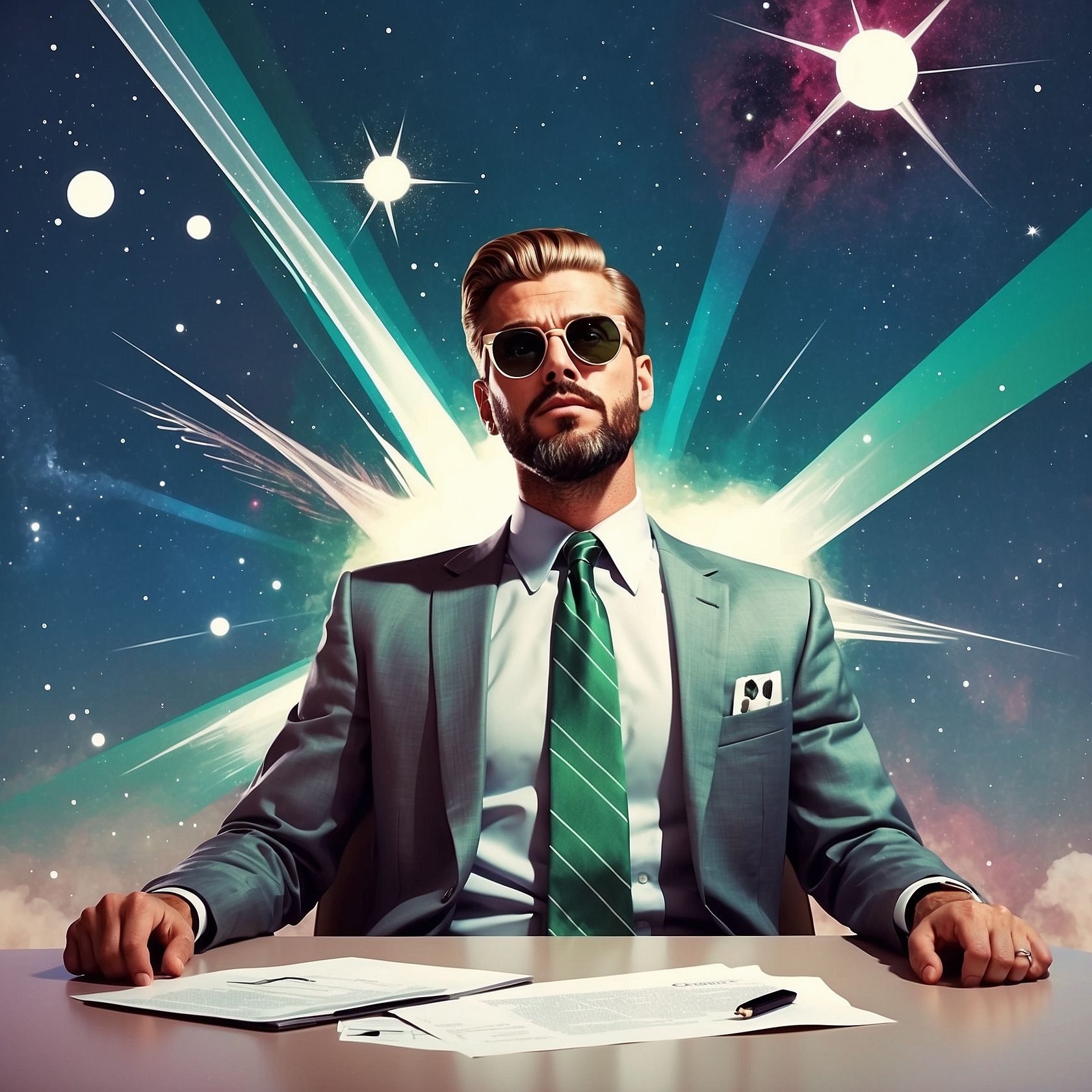 Stylized digital portrait of a confident man in a gray-green suit and striped green tie, seated at a desk with business documents in front of him. He wears sunglasses and sits upright, exuding authority and composure. Behind him, a surreal cosmic background bursts with radiant light beams, stars, and planetary forms, creating an aura of power and visionary ambition. The image blends corporate aesthetics with science fiction and celestial symbolism.