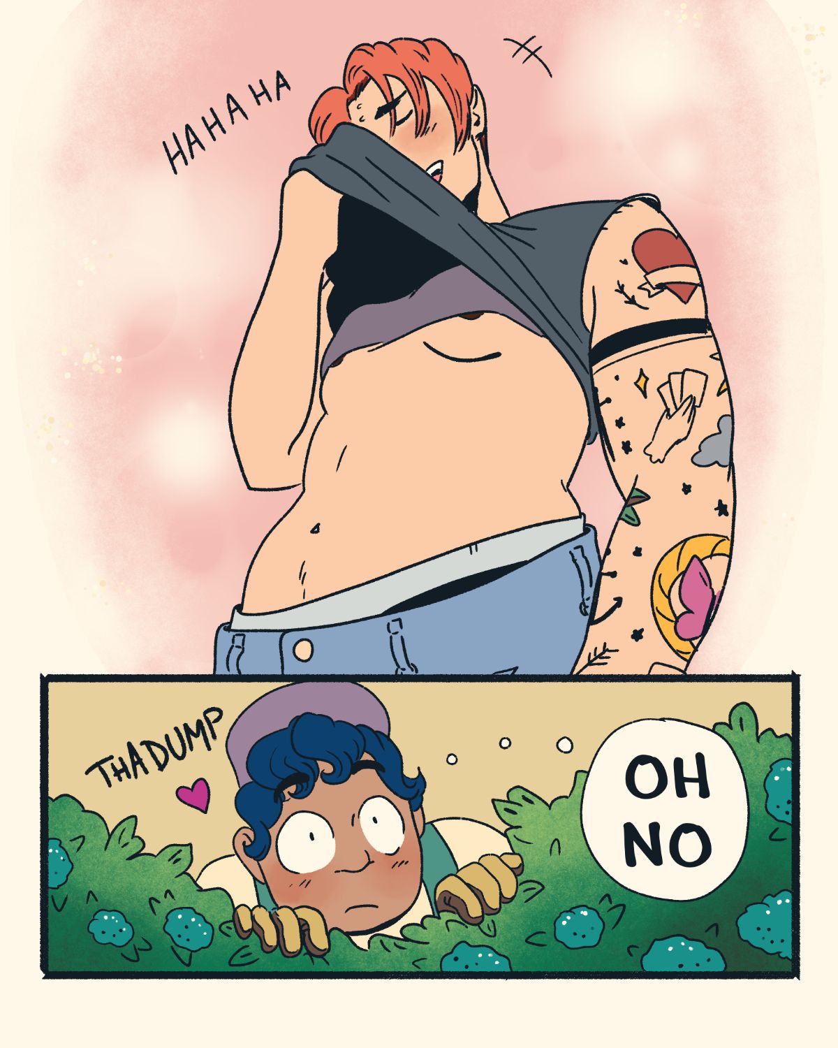 Comic panels; Lucky wipes their forehead sweat with the bottom of their cropped tshirt, revealing underboob. They have a patchwork traditional tattoo sleeve. Indigo peers over a hydrangea bush, blushing. Text in their thought bubble reads "oh no"