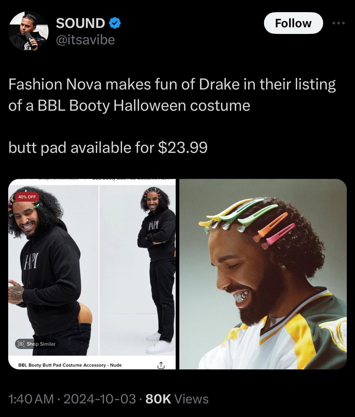 Tweet about BBL Drizzy costume