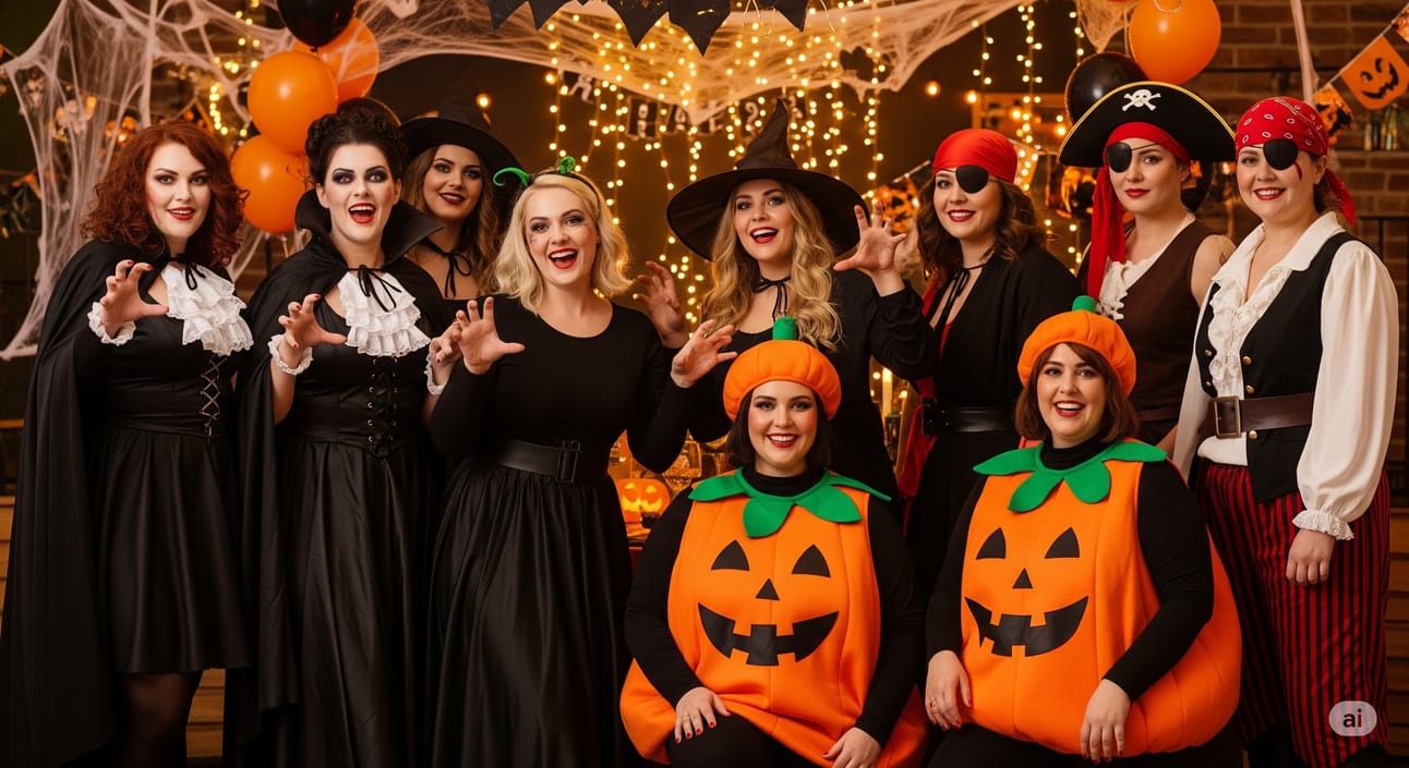 A 16:9 image capturing a group of plus-size adults confidently celebrating at a costume party. They are dressed in stylish and fun Halloween costumes, including vampires, pumpkins, and pirates.