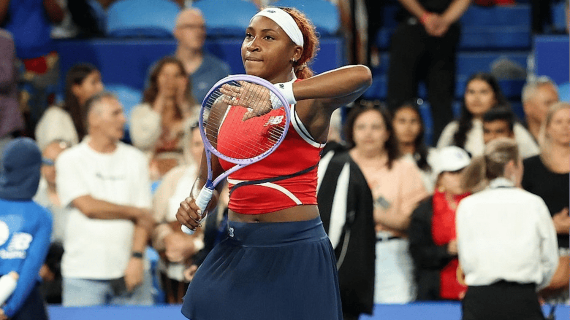 Coco Gauff of Team USA celebrates in the Women's singles match against Solana Sierra of Team Argentina