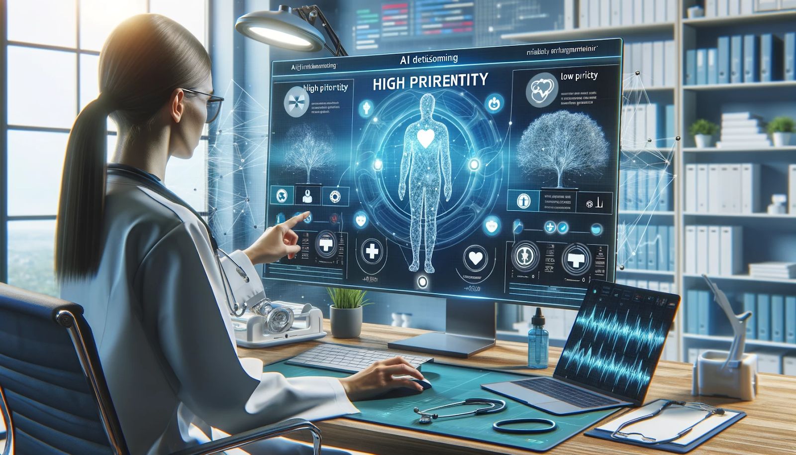 A healthcare professional interacting with an AI-powered triage system, which prioritizes patients based on their symptoms and history using AI algorithms in a modern medical office.
