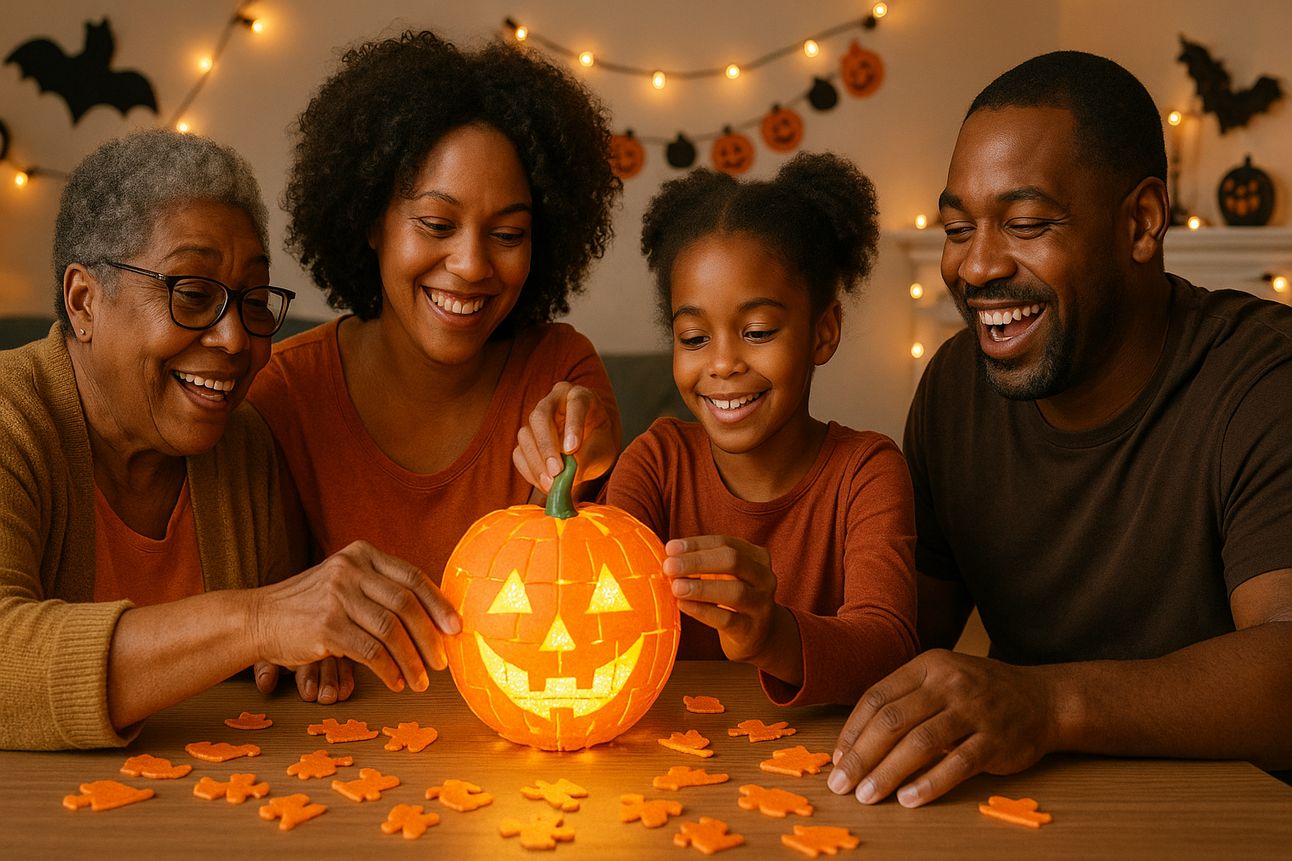 A Black family of four—grandmother, mother, father, and daughter—sits around a table building a glowing 3D pumpkin puzzle. The pumpkin lights up from within as they smile and work together. The background features Halloween string lights, jack-o’-lantern garlands, and festive wall decorations.