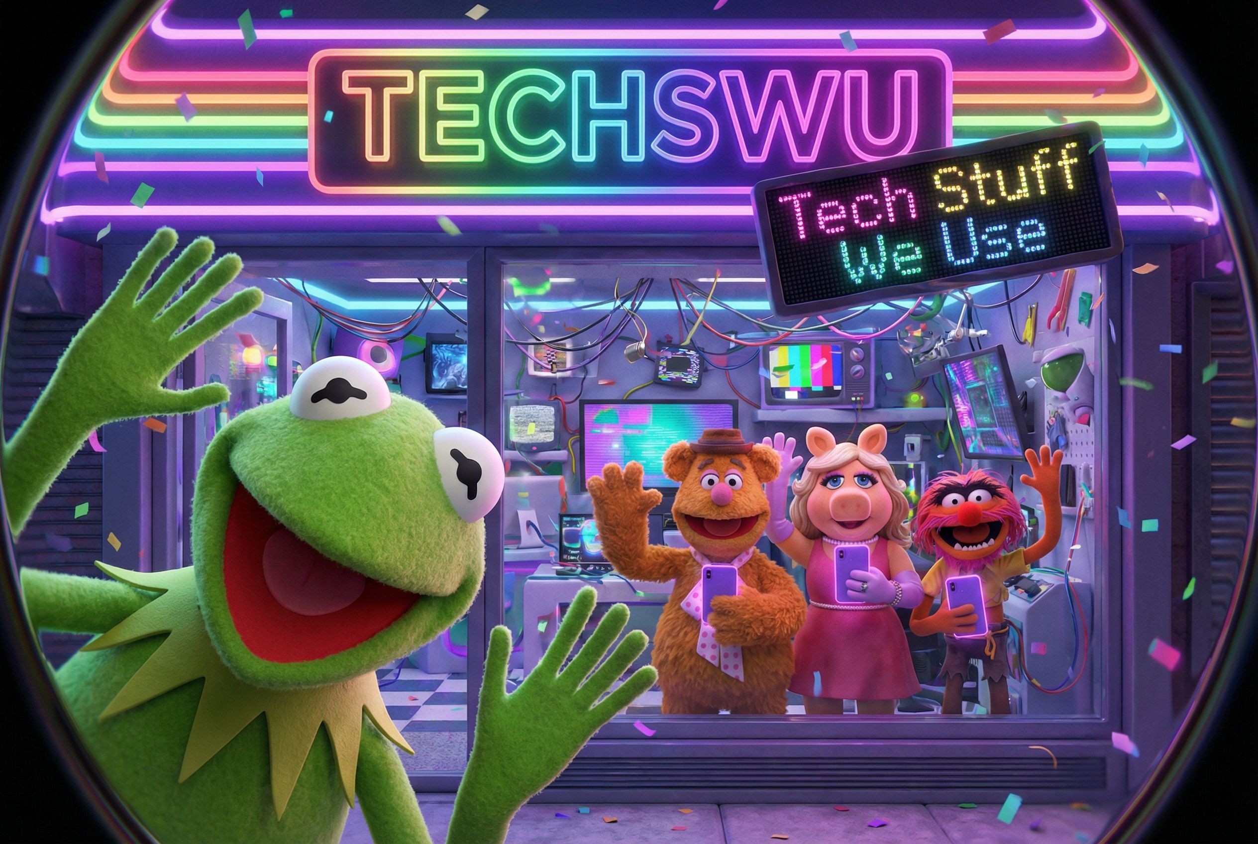 A chaotically joyful, futuristic 3D render of the TECHSWU store radiating rainbow-meets-purple neon light, the "Tech Stuff We Use" sign dangling slightly crooked. Kermit the Frog, Miss Piggy, Fozzie Bear, and Animal press against the storefront, each wavi