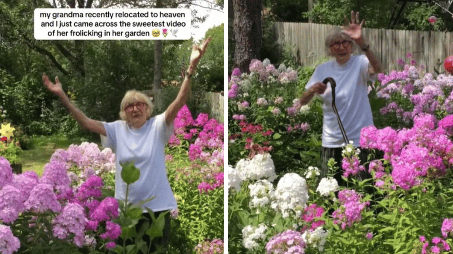 Image shows a grandma in her garden waiving and sending a happy message that she is thinking about you.