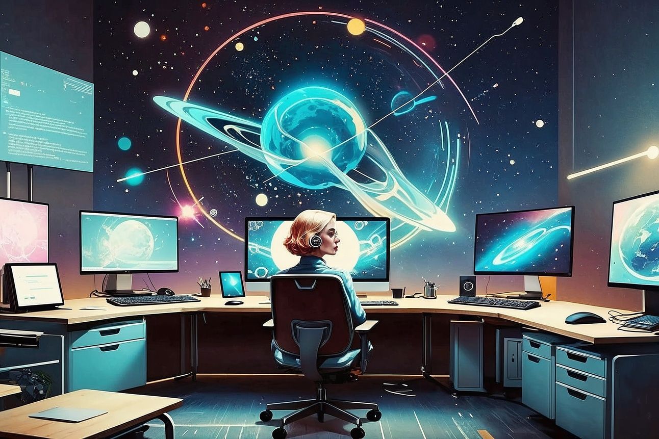 A woman works at computers she is in charge, otherworldly, the background is galactic, like a job of the future. The woman looks to the side, right, at one of the many monitors featuring space and interesting images.