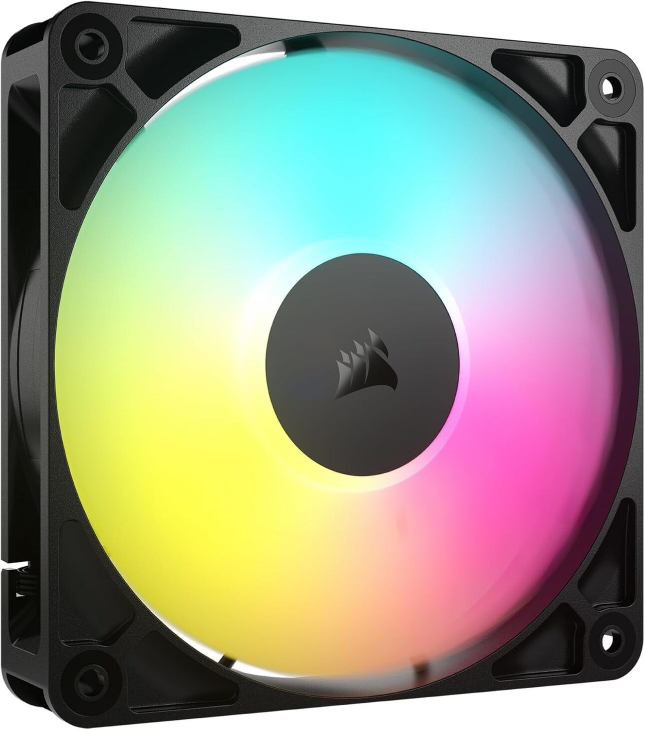 CORSAIR RS120 ARGB Fan – Cool Looks, Cooler Performance A vibrant and powerful 120mm ARGB fan installed in a compact gaming PC, providing strong cooling and stunning lighting for beginner builders.