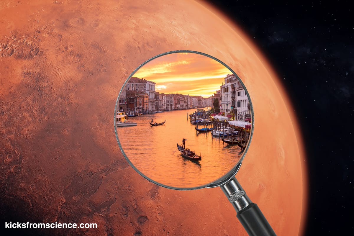 Crudely assembled image of a magnifying glass hovering over the planet Mars showing a Venetian vista complete with canals and gondolas through the lens