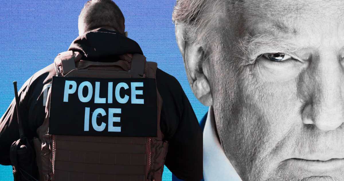 Split image showing a stern-looking Donald Trump on the right and the back of a heavily armed ICE (Immigration and Customs Enforcement) officer on the left, with a blue-toned background.