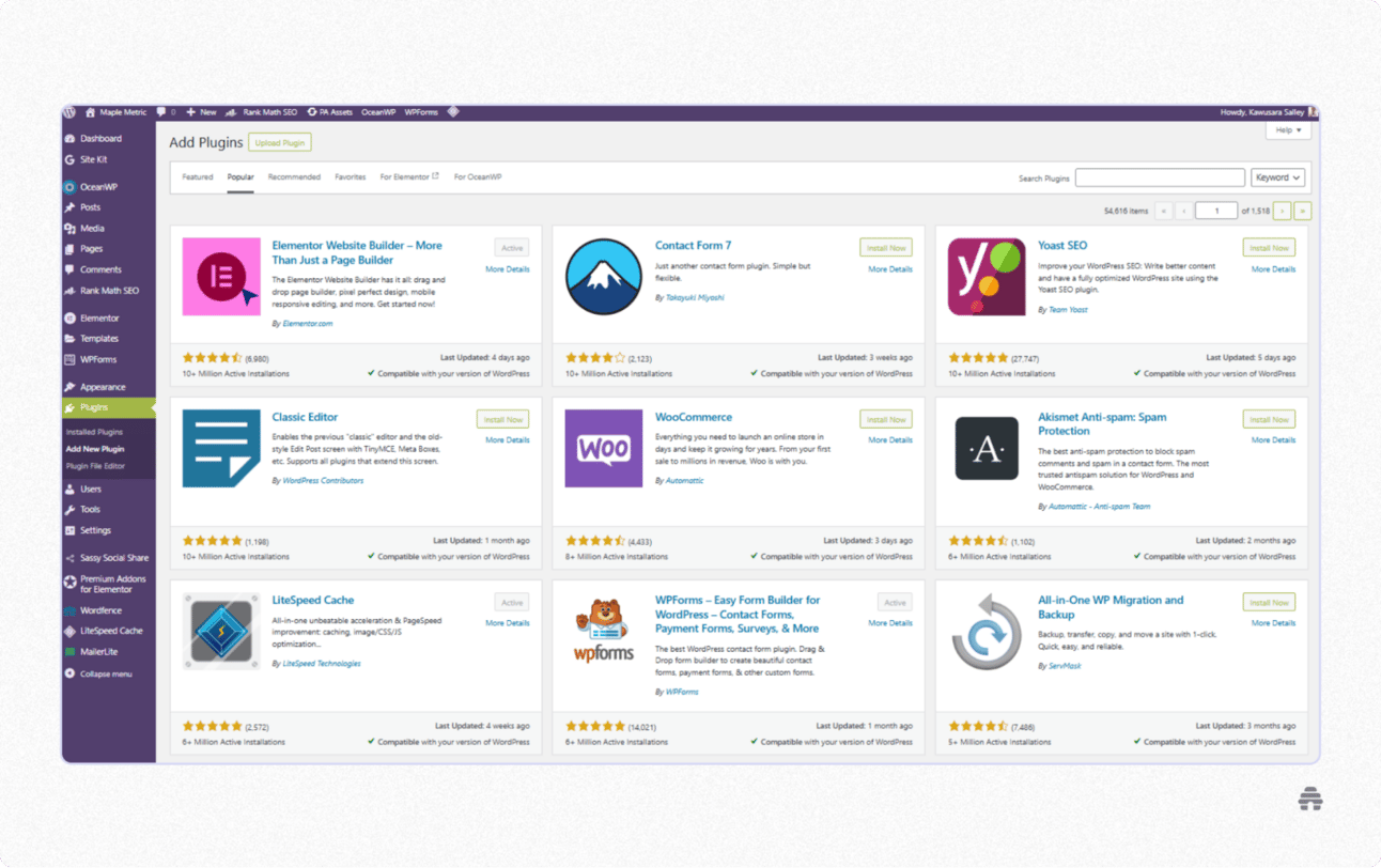 WordPress plugin marketplace showing tools like Elementor, Contact Form 7, Yoast SEO, WooCommerce, and WPForms. Illustrates how WordPress blogs can extend functionality with plugins for SEO, forms, performance, and e-commerce.