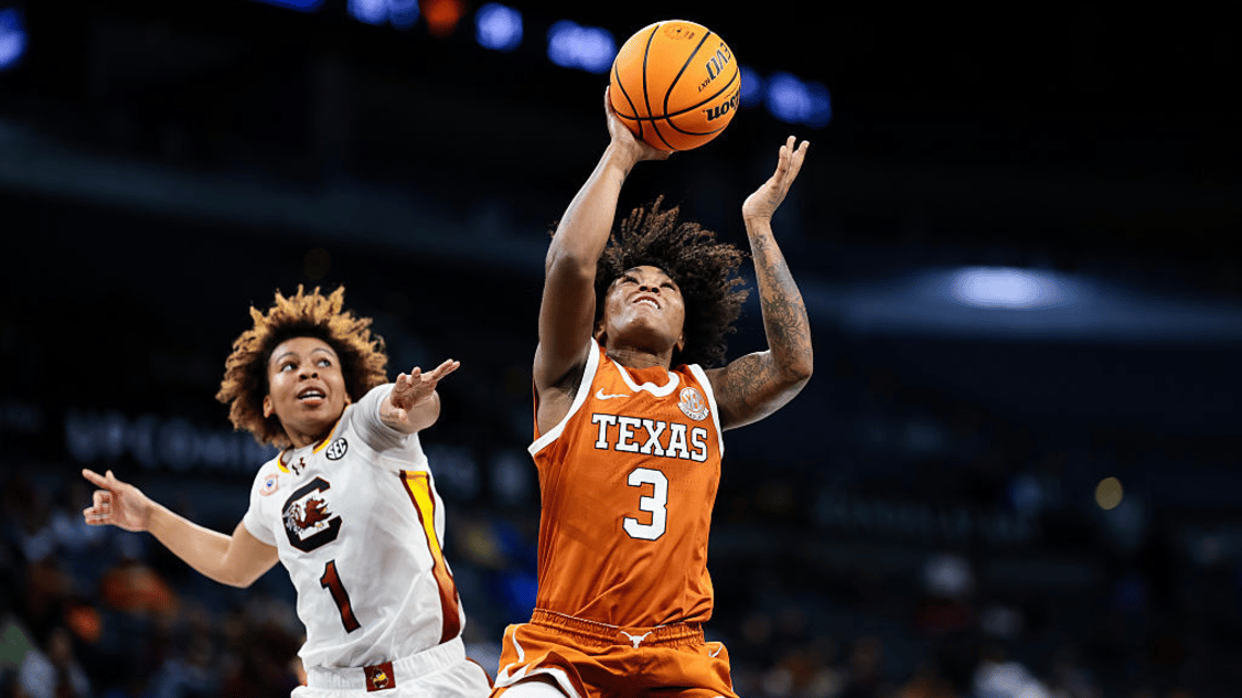Rori Harmon #3 of the Texas Longhorns drives to the basket during the first half against the South Carolina Gamecocks during the Players Era Championship basketball tournament at Michelob ULTRA Arena on November 27, 2025 in Las Vegas, Nevada.
