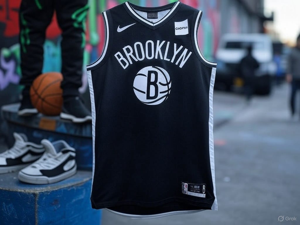 A bold cover art showcasing the Brooklyn Nets logo, a basketball, and a black jersey, paired with streetwear flair like sleek sneakers, graffiti accents, and urban vibes, capturing Nets fandom and stylish holiday spirit.