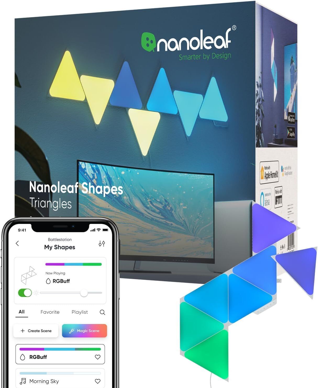 Nanoleaf Shapes – The Ultimate Modular Wall Art Touch-reactive LED panels in hexagon and triangle shapes, connected on a wall to create a dynamic, music-synced light display.