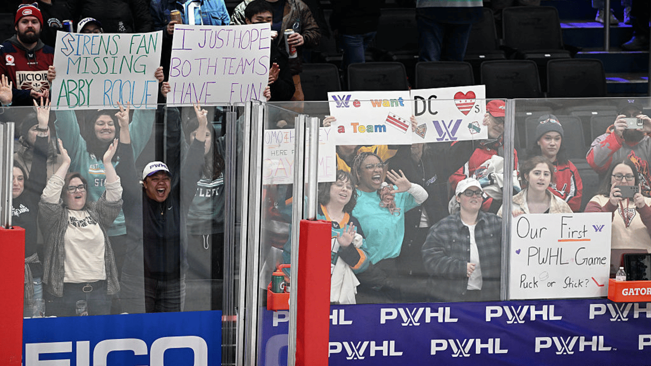 Crowd members cheer at Capital One Arena at the conclusion of a PWHL Takeover Tour game between the New York Sirens and Montreal Victoire on Sunday January 18, 2026 in Washington, DC. 