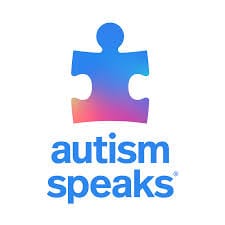 Um quebra-cabeças azul com um degradê indo para cores mais quentes. Em baixo a inscrição em azul: "autism speaks"